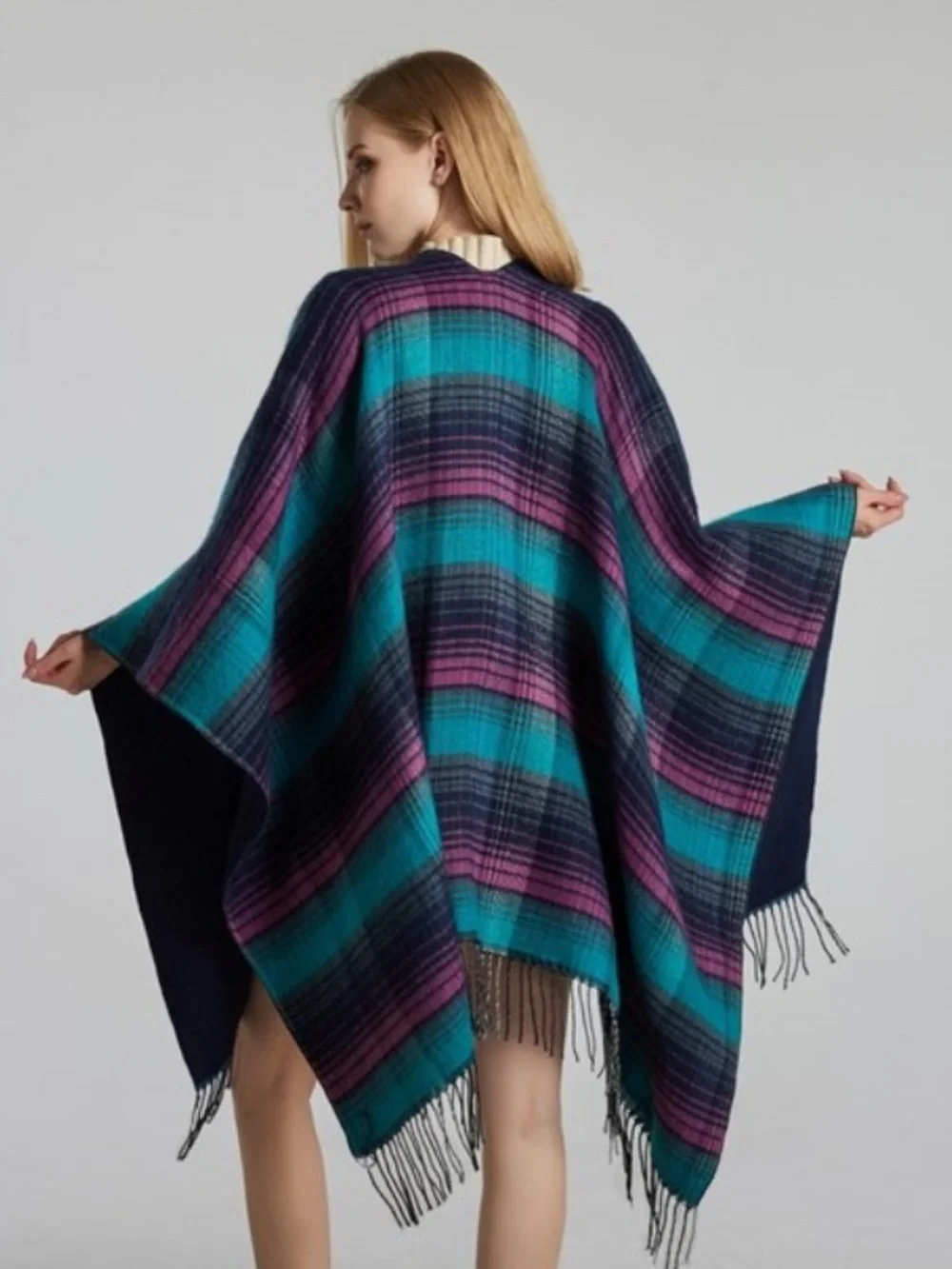 Reversible Plaid Turquoise & Purple Shawl